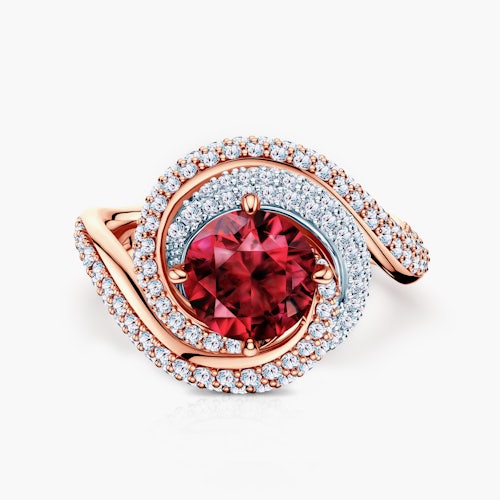 Pierścionek Savicki: dwukolorowe złoto, rubin, diamenty